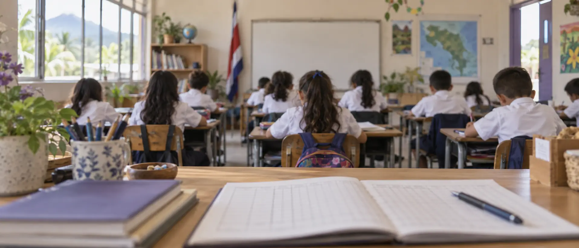 Aula de primaria vista desde el escritorio del docente, con estudiantes de espaldas y un cuaderno de calificaciones abierto en primer plano.
